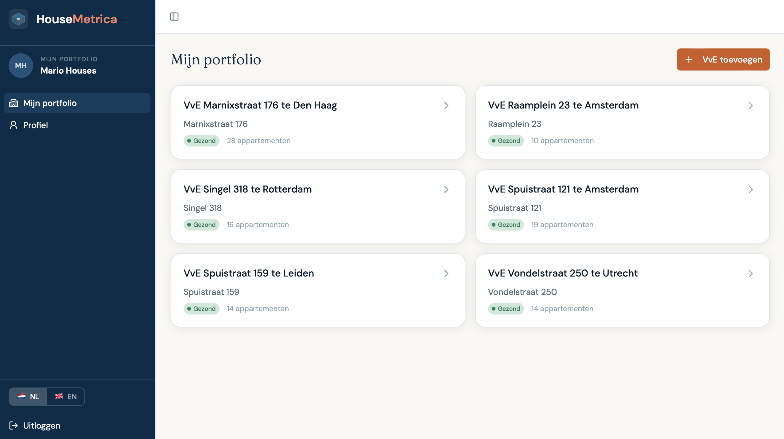 Screenshot van het HouseMetrica portfoliodashboard