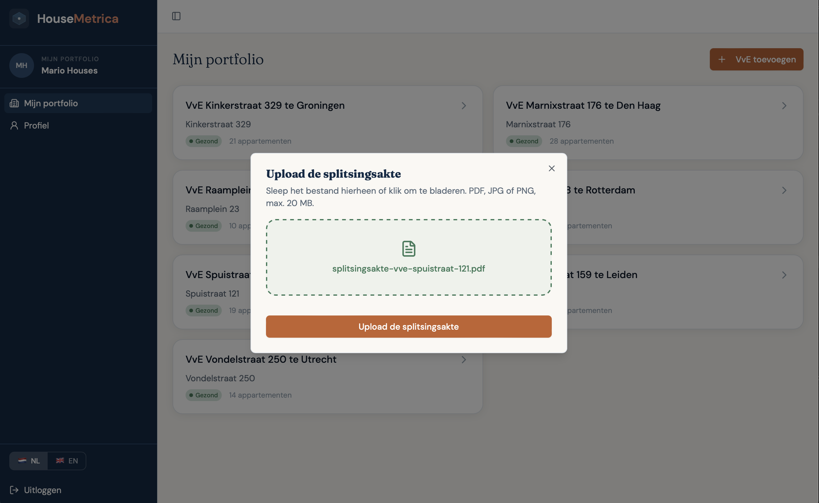 Screenshot van het documentuploadscherm